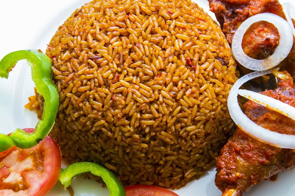 Jollof rice with fried plantain at Okey Tropical Cafe